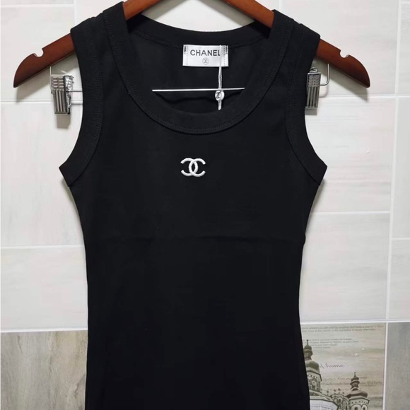 Meet the Posher Tops - Chanel Black Cotton Tank Top with White CC Logo
